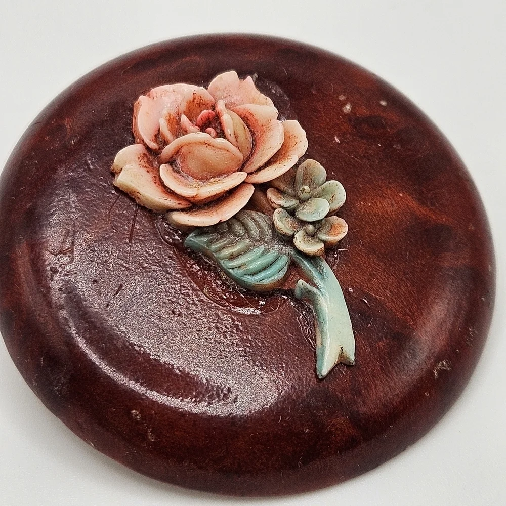 VINTAGE 3D Painted Pink Rose Flower Round Brooch Pin